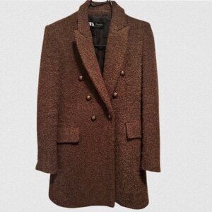 ZARA Brown Bouclé Wool Blend Double-Breasted Coat | Gold Buttons | M